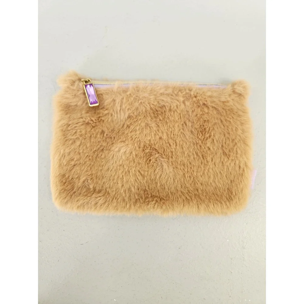 Ipsy Makeup Bag Women Small Tan Faux Fur Purple Jewel Zipper Pull Cozy Glam